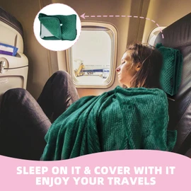 Nenolix 3 in 1 Travel Blanket Pillow Set - 350 GSM Thick Travel Blanket Airplane Compact with Bag, Soft Bag with a Pocket, Inflatable Travel Pillow for Camping & Car Trip (Dark Green)