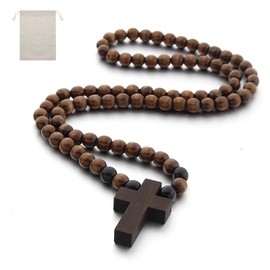 Holding Wooden Cross With Catholic Rosary Natrual Olive Wood Cross in Natural Linen Pouch Mini Holding Cross for Prayer Meditation Religious Christian Gifts or Necklace Decoration Men & Women 65cm