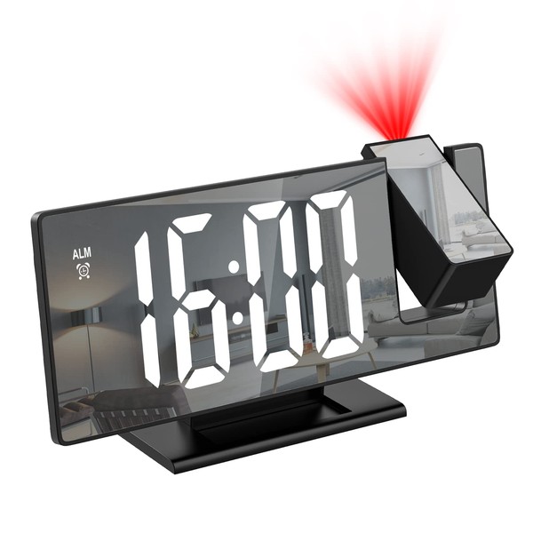 ORIA Projection Clock, Digital Alarm Clock with 7.8 Inches Mirror Surface Screen, USB Charging Port, Snooze Function, 4-Level Brightness, Auto Dimmer Mode, Ceiling Clock with 180° Projector for Home