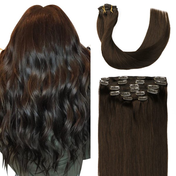 Clip-In Real Hair Extensions, Dark Brown, 35 cm, 6 Pieces, 100 g, Remy Clip-In Hair Extensions, Natural Real Hair Extensions, #2, 14 Inches