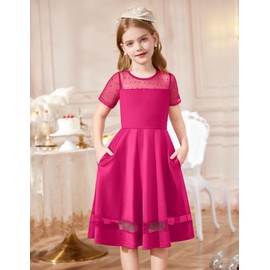 Arshiner Girl's Mesh Dress Short Sleeve Hot Pink Valentine's Day Summer Swing Ball Gown Party Dress 10-11 Years