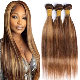 Dokksiiia 16 18 20 Inch Two-Tone Straight Weave Bundles Human Hair P427#4 & #27 Color Track Mix Highlight Honey Blonde Straight Bundles Brazilian Human Hair Extensions Soft & Thick