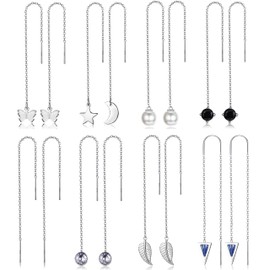 JeweBella 6/8 Pairs Threader Earrings Set for Women Girls Tassel Moon Star Long Chain Earrings Stainless Steel Double Twist Drop Earrings CZ Pearl Chains Earrings Lightweight Hanging Earrings