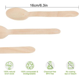[Pack of 100] Disposable Wooden Spoons (16cm Long) - Biodegradable Wooden Spoon | Eco Friendly & Plastic Free Wooden Spoons - Ideal for Wedding, Picnic, Party, Office & Christmas (Spoons)