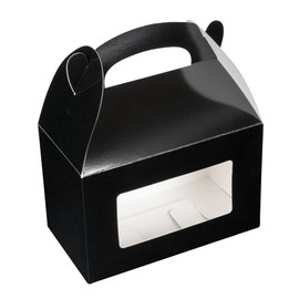 Bio Tek 8.5 x 4.8 x 5.5 Inch Gable Boxes For Party Favors, 100 Attractive Gift Boxes - Clear PET Window, With Built-In Handle, Black Paper Barn Boxes, Greaseproof, For Parties
