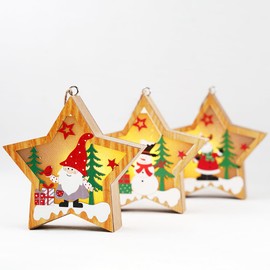 Set of 3, Light up Christmas Decoration Wooden Hanging Christmas Ornament (Star)