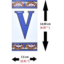 House letters 6 inch. Handpainted house letter tiles for signs, addresses and names. Address numbers for houses. House address numbers and letters. Design ARCO GRANDE 5,86" x 2,91" (LETTER V)