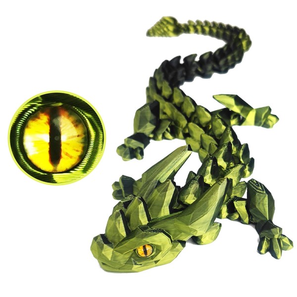 12in Flexible 3D Printed Dragon with Eyes, Articulated Fidget 3D