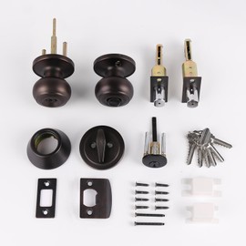 Probrico 4Pack Oil Rubbed Bronze Door Knob and Single Cylinder Deadbolt Lock Set, Exterior Deadbolt and Door Knob Lockset, Keyed Alike Front Entry Door Handleset