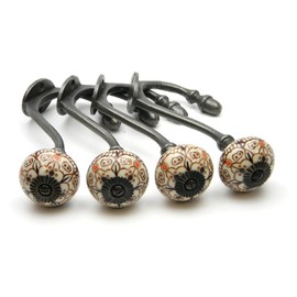 Oakcrafts - Hand Finished Shabby Chic Cast Iron Coat Hooks Ceramic Tips (Patterned) - Pack of 4