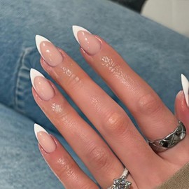 30Pcs White French Tip Press on Nails Short Almond Nails Press ons, Short Fake Nails Almond Shaped Acrylic French Glue on Nails False Nail for Women, Natural Stiletto Nail 15 Sizes