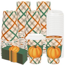 JarThenaAMCS 48 Set Fall Disposable Coffee Cups with Lids Sleeves Green Orange Plaid Pumpkin Drinking Cup Watercolor Paper Cup for Autumn Thanksgiving Party Supplies