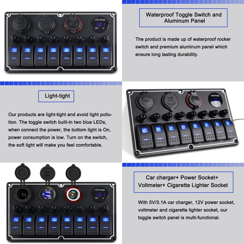 xhtechnology Xhtechnology Marine Boat Rocker Switch Panel,Waterproof 8 Gang Multi-Function
