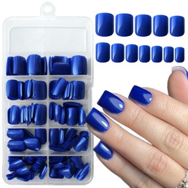 Bellelfin 240pcs Short Press on Nails Jewel Blue Full Cover Short Square Glossy Fake Nails Acrylic Artificial False Nail Tips with 5 Sheets Adhesive Glue Tabs for Women and Girls