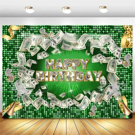 Withu Green Gold Money Birthday Backdrop Flash Square Glitter Diamonds Dollar Bill Cash Champagne Casino Party Decorations Banner Photography Background 7x5ft