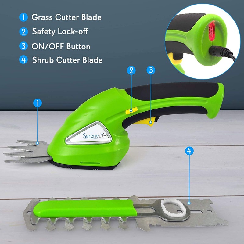 SereneLife Cordless Hedge Trimmer Handheld Grass Cutter Shears Electric Shrub
