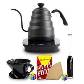Barismate Electric Gooseneck Kettle With Temperature Control Stainless Steel Milk Frother Dripper Filter Set Coffee Tea 1L Water Pour Over Quick Heating Auto Shut Off Boil Dry Protection (Moccana)