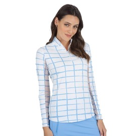 IBKUL Athleisure Wear Sun Protective UPF 50+ Icefil Cooling Tech Cordova Print Long Sleeve Mock Neck Top – 10495 White/Peri Cordova XL