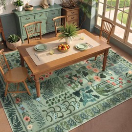 Zealude Boho Green Washable 8x10 Area Rug for Living Room, Floral Large Rugs for Bedroom Aesthetic, Non Slip Botanical Soft Indoor Throw Carpet for Dining Room Home Office Playroom (Green,8 x 10)