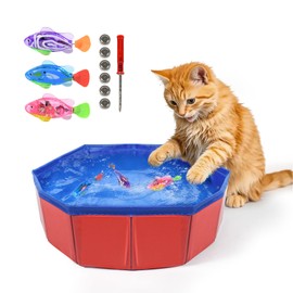 Esoes Cat Pool with 3pcs Robotic Fish, Funny LED Light Swimming Fish Toys for Water Play, Interactive Stimulating Self-Play Enrichment for Indoor Cats, Fun Fish Toy for Bath or Swim Time