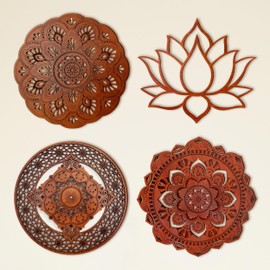 WoodfulArt Wooded Wall Decor 4 n 1 Mandala Set - 5.11 inch each - Hanging Wood Wall Art with Engraved Design, Flower of Life Wooden Decoration - Sacred Geometry Wall Art for Home or Yoga Studio