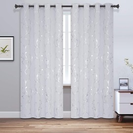 BUHUA Greyish White Blackout Curtain 2 Panel Set Silver Vine Foil Print Thermal Insulated Drapes Room Darkening Curtains Grommet Window Treatment, 52 x 108 Inch