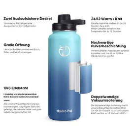 HydroPal Stainless Steel Drinking Bottle - 750 ml, 1 L, 1.2 L, BPA-Free, Suitable for Carbonated Drinks, Insulated Thermos Flask with Straw and 2 Lids, Leak-Proof Insulated Bottle for Children,
