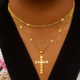 AmourLink Gold Layered Cross Necklace Set, Detachable Double - Chain Design, Rhinestone - Embellished Cross Pendant, Gift - Ready with Box, Stylish for Daily & Gifting