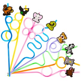 24 Jungle Drinking Crazy Straws for Kids | Jungle Themed Animals Birthday Party Supplies Favors Decorations with 24 PVC Safari Charm, 2 Cleaning Brushes Reusable Straw