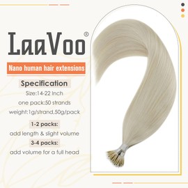 LAAVOO Nano Ring Human Hair Extensions Platinum Blonde Solid Color #60 16 Inch Blonde Nano Tips Extensions Real Human Hair Nano Micro Ring Hair Extensions Nano Bead Extensions Straight 50g/50strands