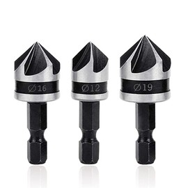 Mesee Set of 3 90° Countersink Drill, 5 Flute Countersink Deburring Set, Hexagonal Countersink Drill, 90 Degree Centre Punch Tool Set for Wooden Plywood Plastic Bit 12 mm/16 mm/19 mm