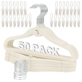 Kids Velvet Hanger 50 Pack, 11.8" Clothes Hanger with 30 Clips, Non-Slip Flocked Hangers, Space Saving Small Clothes Hangers for Closet, Coats, Pants, Dresses (Beige)