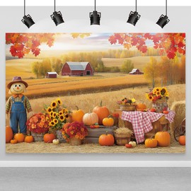 Fall Photography Backdrop 7x5ft, Autumn Maple Leaves Photo Background, Pumpkins Background for Thanksgiving Party, Farm Harvest Photo Booth Props