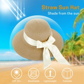 GNEGNI LIFE Sun Hats Women, Straw Beach Hats Sun Protection Summer Hat Foldable Wide Brim Hat Floppy for Women Travel Holiday (Khaki & Beige Ribbon)