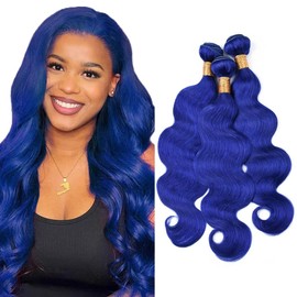 CnumGunm Pure Blue Body Wave Bundles - 14/16/18 inch Human Hair Extensions - 3 Bundles - Dark Blue