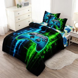 Leaflin Boys Gaming Bedding Sets Twin Size Gamer Comforter Sets for Boys Girls, Soft Kids Teens Twin Bed Sets for Boys, Green Blue Gaming Decor for Boys Bedroom, Lightweight Boys Bed in a Bag Twin