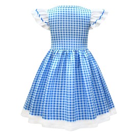 Garperkids Dorrothy Dress for Girls Kids Blue and White Gingham Flutter Sleeve Party Dress, X-Large