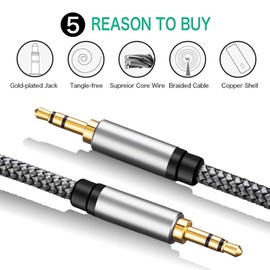 Aux Cable 6Ft,Tan QY 3.5mm Male to Male Auxiliary Audio Stereo Cord Compatible with Car,Headphones, iPods, iPhones, iPads,Tablets,Laptops,Android Smart Phones& More (6Ft, Silver)