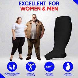 Compression Socks, Flight Socks for Women and Men. (2 Pairs) Plus Size, Wide Calf, Medical Compression Stockings. Knee High with Open Toe. Excellent Support, Helps with Varicose Veins. (Black, 2XL)