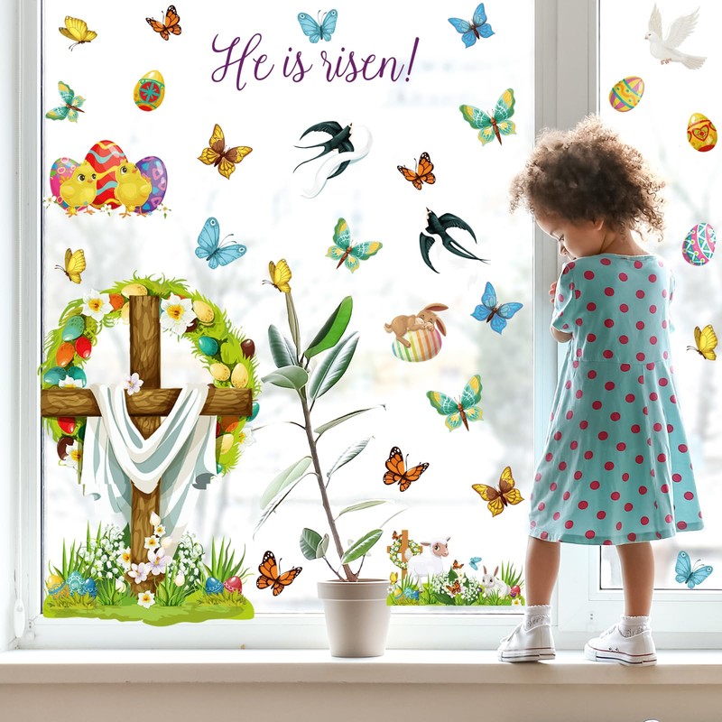 Easter Religious Decorations Window clings Cross Lambs Bunnies Flowers he