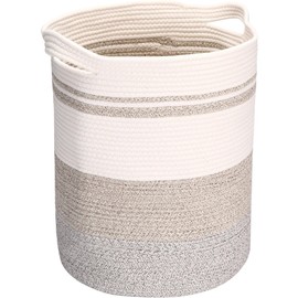 Sea Team Large Size Cotton Rope Woven Storage Basket with Handles, Laundry Hamper, Fabric Bucket, Drum, Clothes Toys Organizer for Kid's Room, 18 x 20 inches, Round Open Design, White & Khaki
