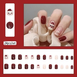 Carufin 24 Pieces Christmas Tree Love Short False Nails Pearl Flowers Dog Rabbit Acrylic False Nails Print on Nails for Women Girls (A)