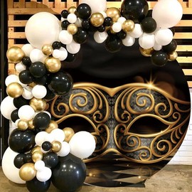 TTQYFNM 6.5x6.5ft Mardi Gras Round Backdrop Cover Polyester Retro Gold Black Mask Carnival Masquerade Circle Photography Background for Prom Dress-Up Ball Rave Birthday Party Decors Photo Booth Props
