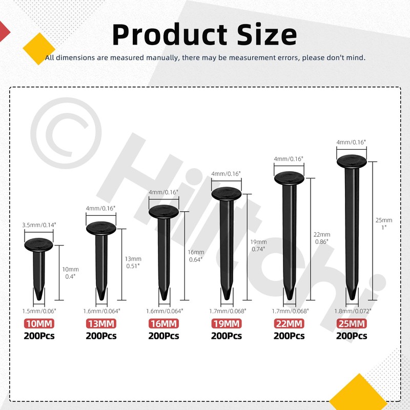 Hilitchi 1200PCS 6 Sizes Black Carbon Steel Non-Slip Shoe Nails