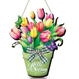 Barydat Spring Door Sign Tulip Gnome Wreath for Front Door Wreath Truck Gnome Welcome Hanger Wooded Hanging Wall Sign for Home Summer(Tulip)