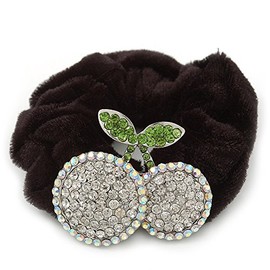 Rhodium Plated Diamante 'Double Cherry' Pony Tail Black Hair Scrunchie - Clear/Grass Green