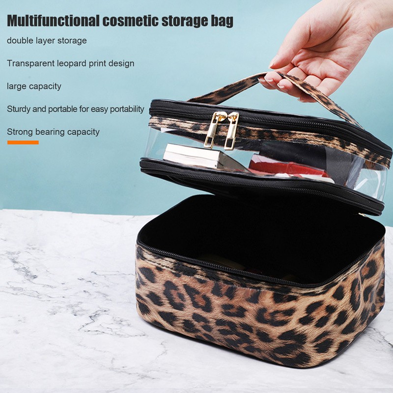 Double Layer Cosmetic Bag PVC Leopard Print Design Portable Large
