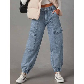 LONGYIDA Jean Joggers for Women High Waisted Pull-On Elastic Waist Stretch Denim Cargo Pants(Light Blue03,XL)