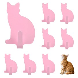 DueHoppee Adhesive Wall Hooks Cat Shaped - 8 Pack Stainless Steel Key Hangers for Cat Lovers - Cute Decorative Hooks for Hanging Hats, Bags,Towels(Pink)
