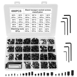 Hakkin 666PCS Cup-Point Screws Assortment Kit, 22 Sizes M2/3/4/5/6/8 Set Screw Set, 12.9 Class Carbon Steel Internal Hex Drive Screws Grub Screw Bolts Assortment Kit with 6pcs Hex Wrenche (Black)
